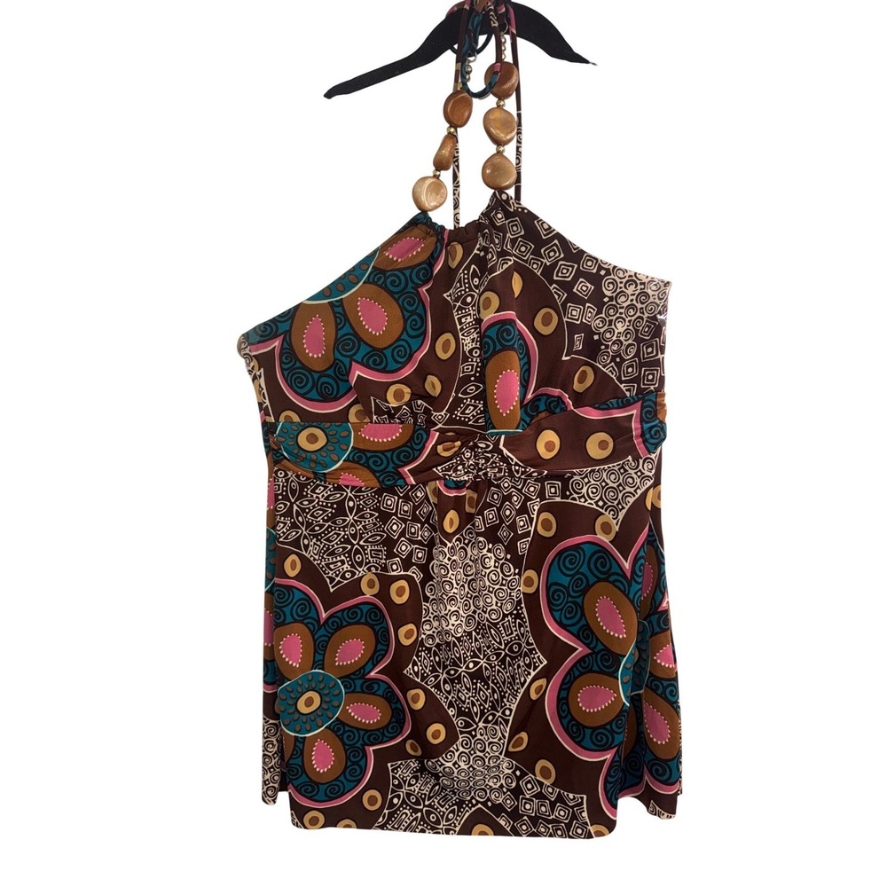 Vtg Y2K Charlotte Russe L? Brown Floral Beaded Halter Babydoll Top Keyhole Boho